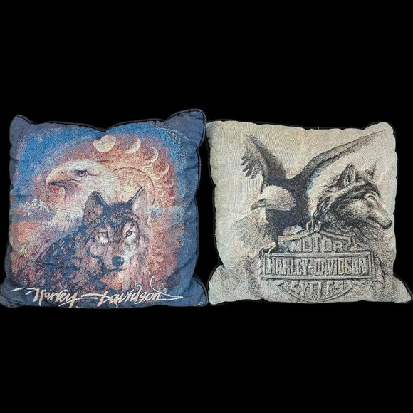 VTG Y2K Harley Davidson Throw Pillows Needlepoint Wolf Bald Eagle 16" Set Of 2 - Picture 2 of 16